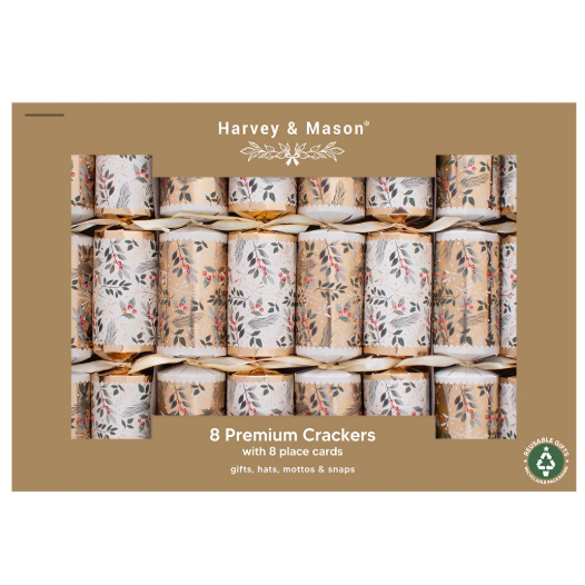 Harvey & Mason Premium Gold Foliage Christmas Crackers - 12.5" - Pack of 8