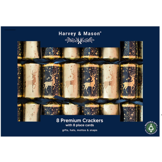 Harvey & Mason Premium Navy Reindeer Christmas Crackers - 12.5" - Pack of 8