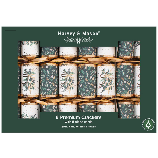 Harvey & Mason Premium Green Mistletoe Christmas Crackers - 12.5" - Pack of 8