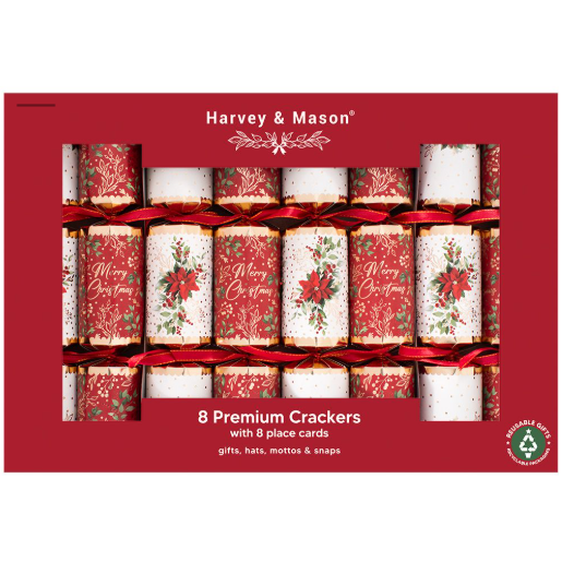 Harvey & Mason Premium Red Poinsettia Christmas Crackers - 12.5" - Pack of 8