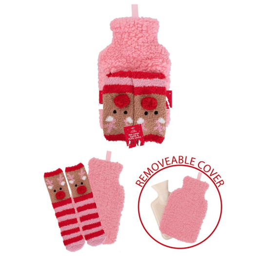 Hot Water Bottle & Pink Reindeer Socks Gift Set