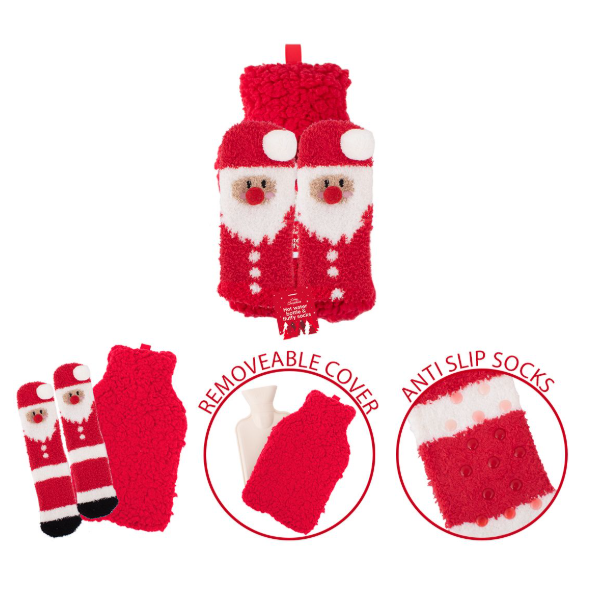 Hot Water Bottle & Fluffy Santa Socks Gift Set